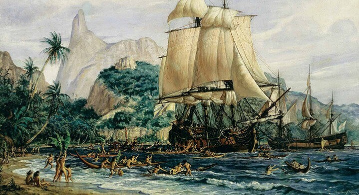 Les indigènes accueillent les navires de Bougainville